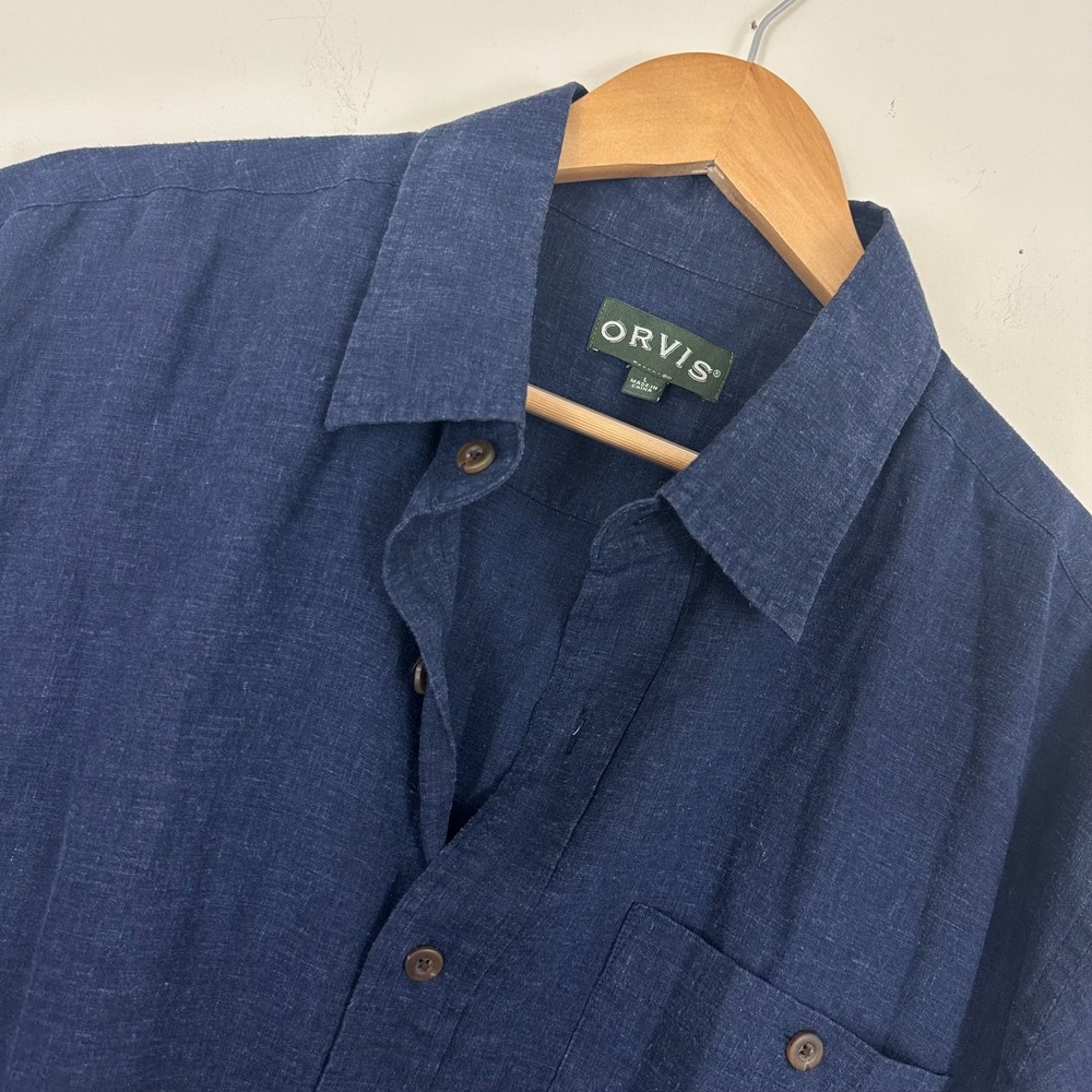 Orvis Shirt Navy Blue Hemp Short Sleeve Pocket Button Up Mens Large